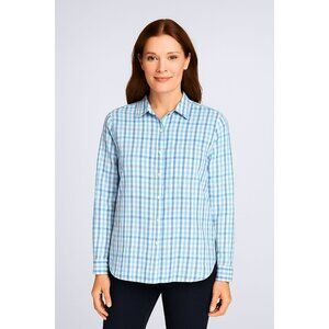 LL Bean Women's Linen Shirt, Blue & White Plaid, Size Large, Button Front L/S